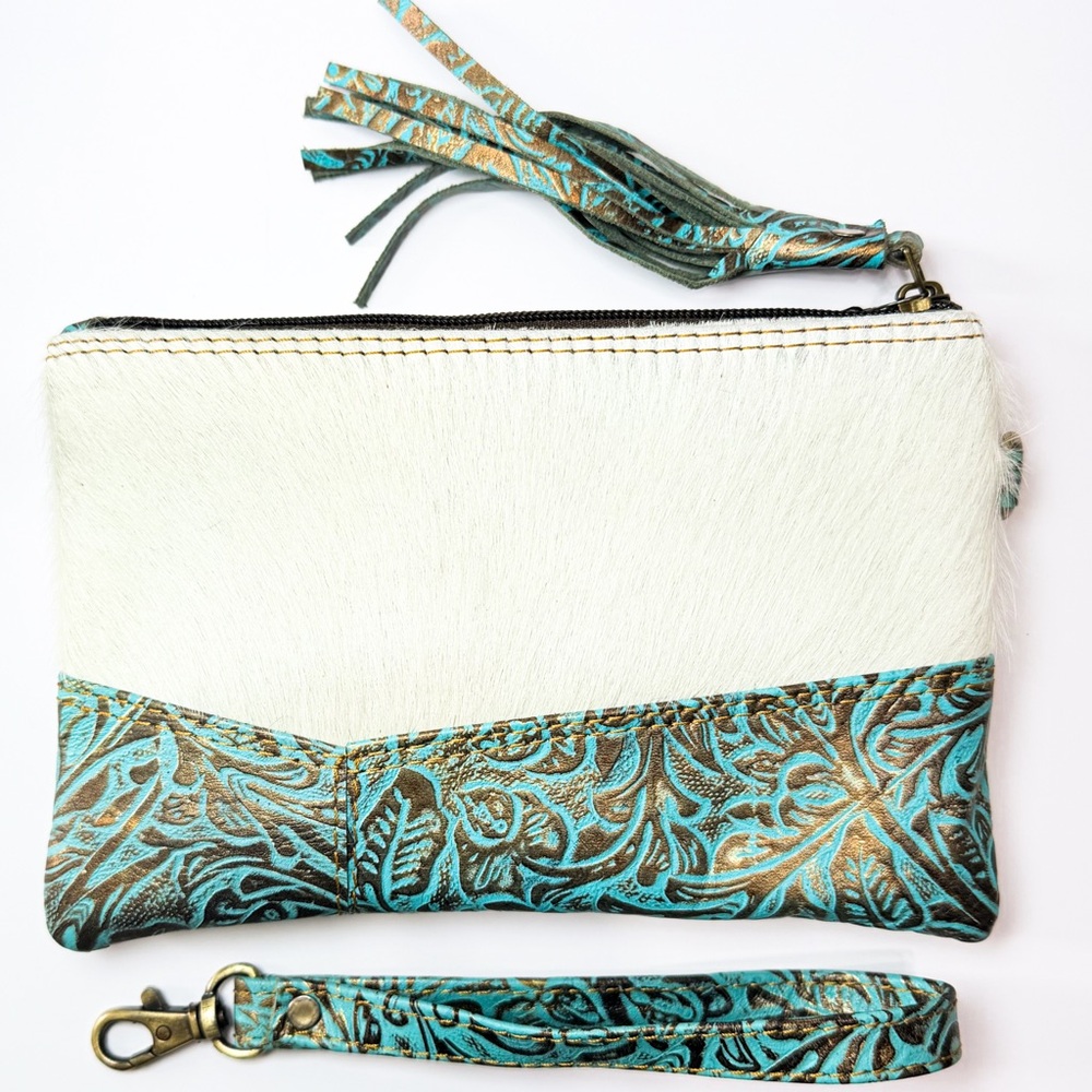 Hair On Hide Cowhide Leather Wristlet Clutch Turquoise Tooled Western Rodeo Wear